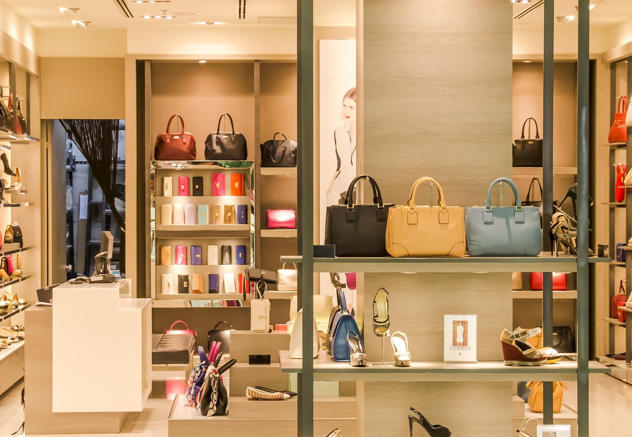 Boutique with handbags displayed on shelves